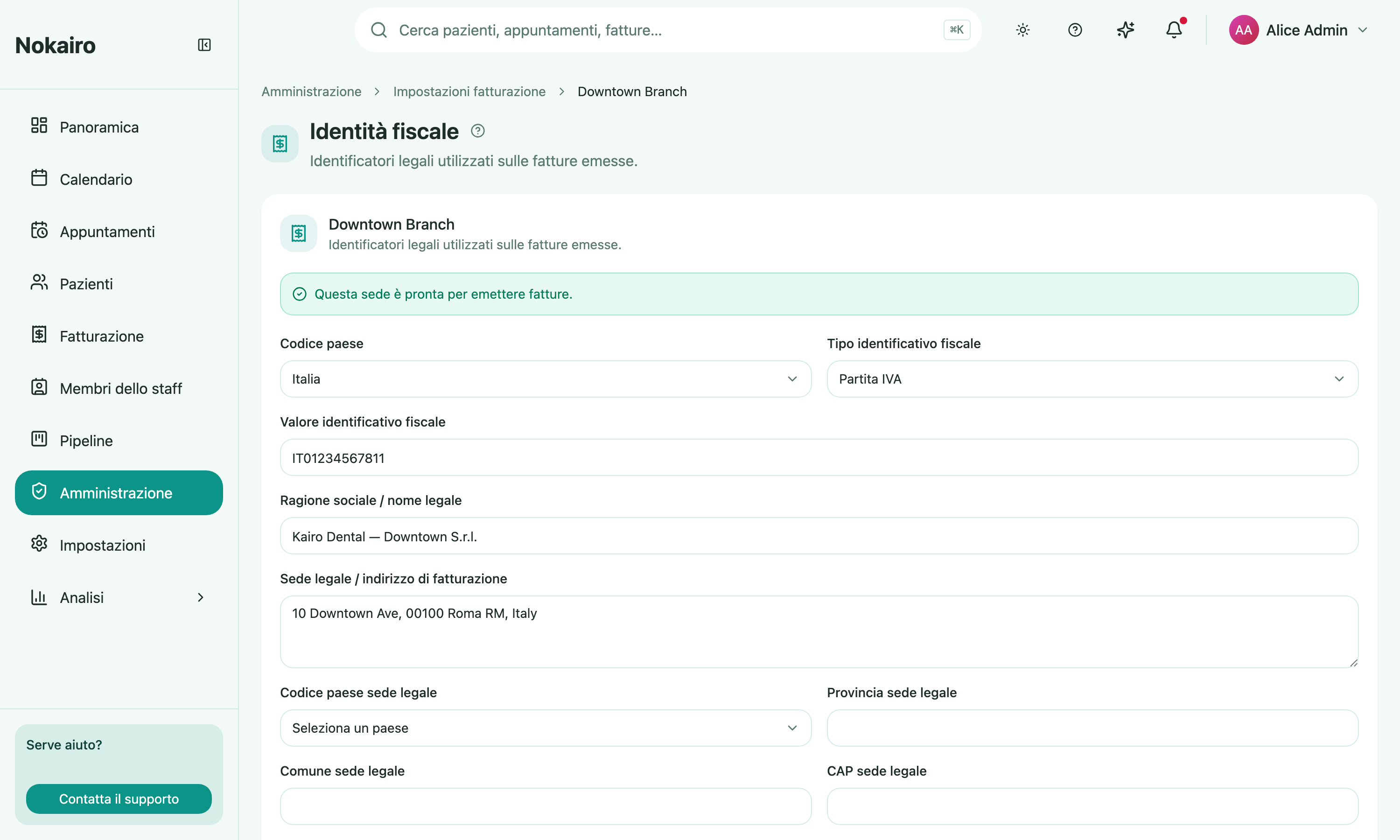 A branch's billing settings, showing its Partita IVA, codice fiscale, legal name, and legal seat, with a banner confirming it is ready to issue invoices.
