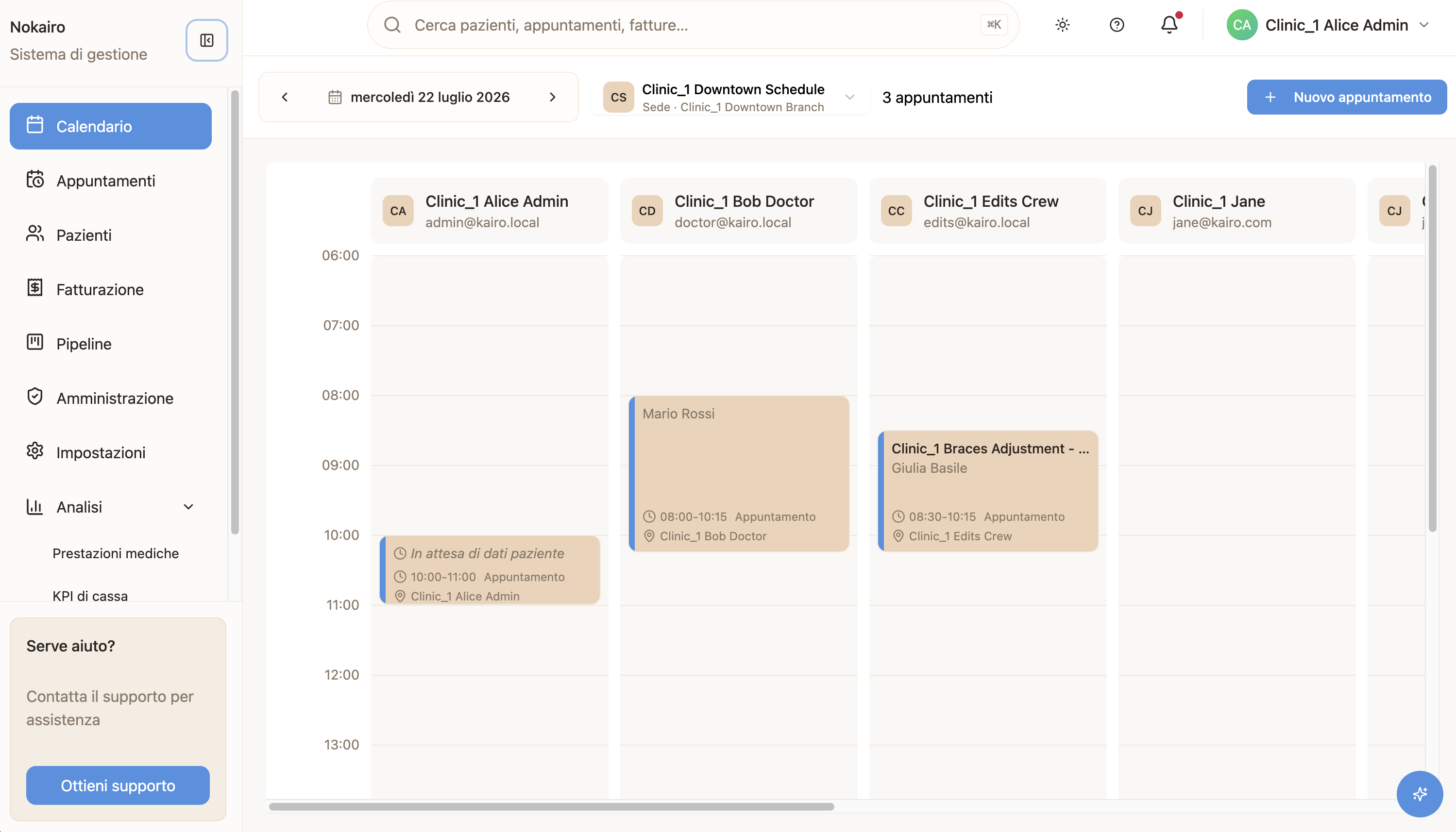 The calendar's day view, with a column per practitioner laid out on a time grid.