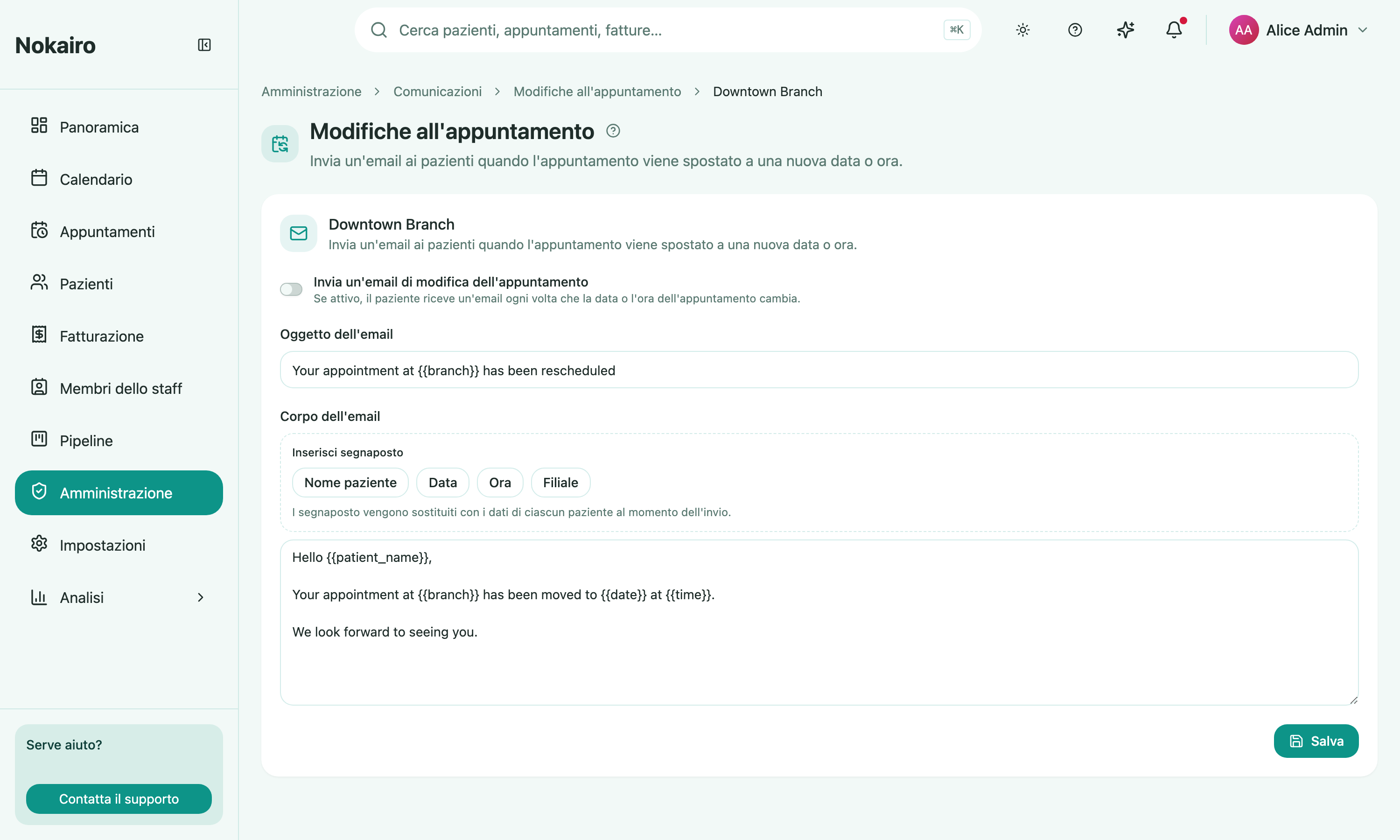 A branch's appointment-change settings, with the switch and the email's subject and body.