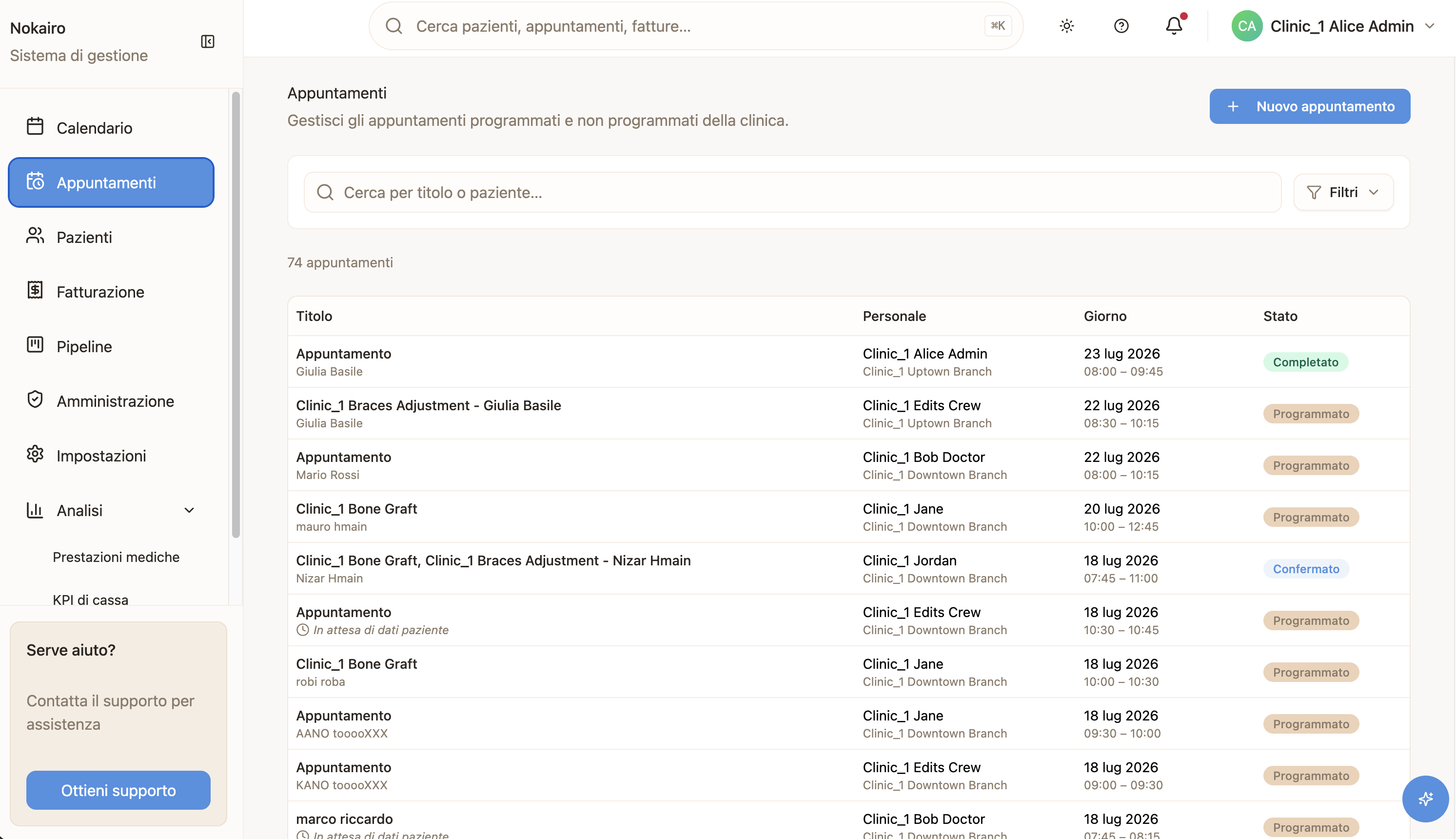 The appointments list, with two appointments flagged as awaiting the patient's details.