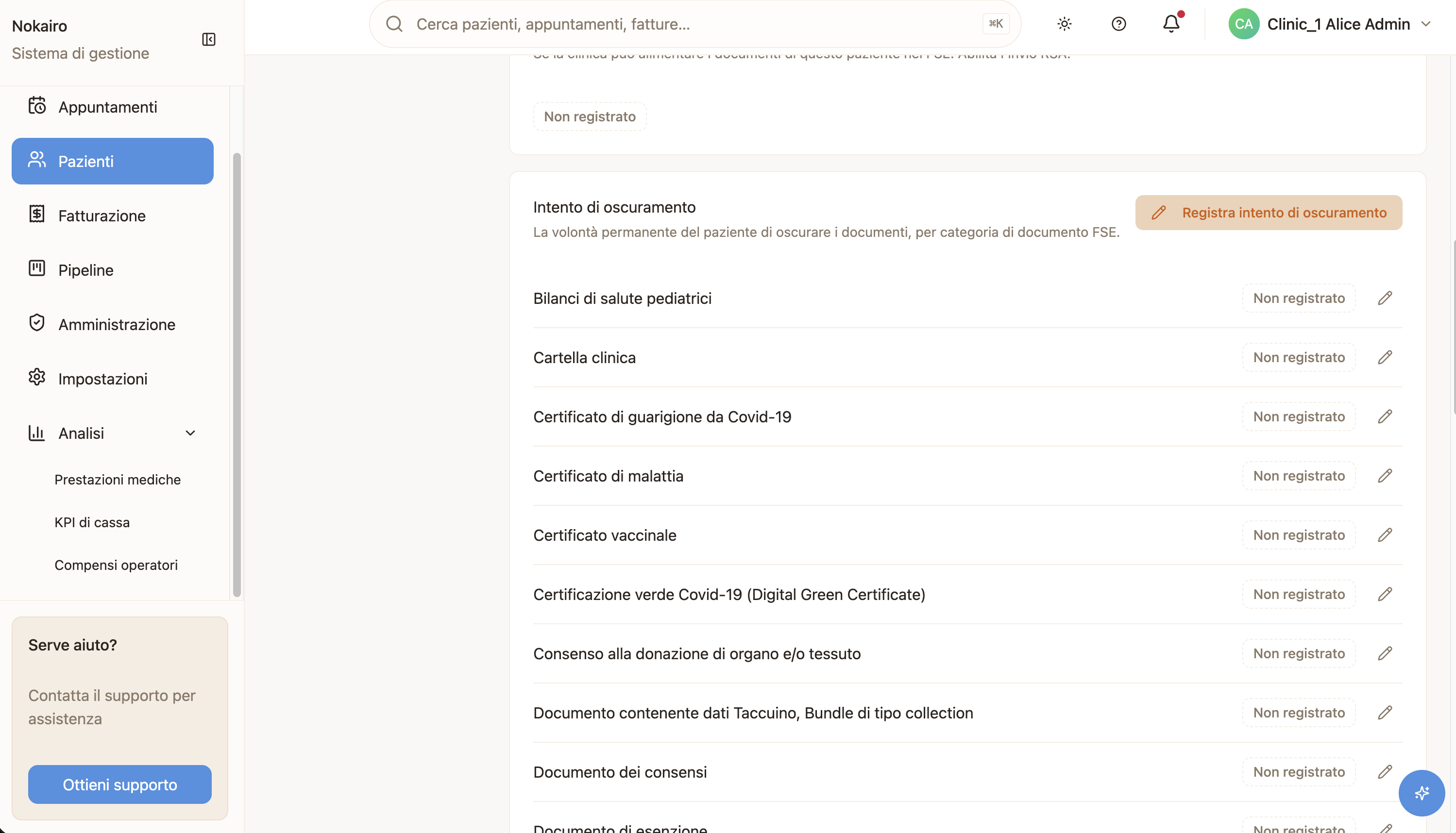 The oscuramento intent, recorded per FSE document category.