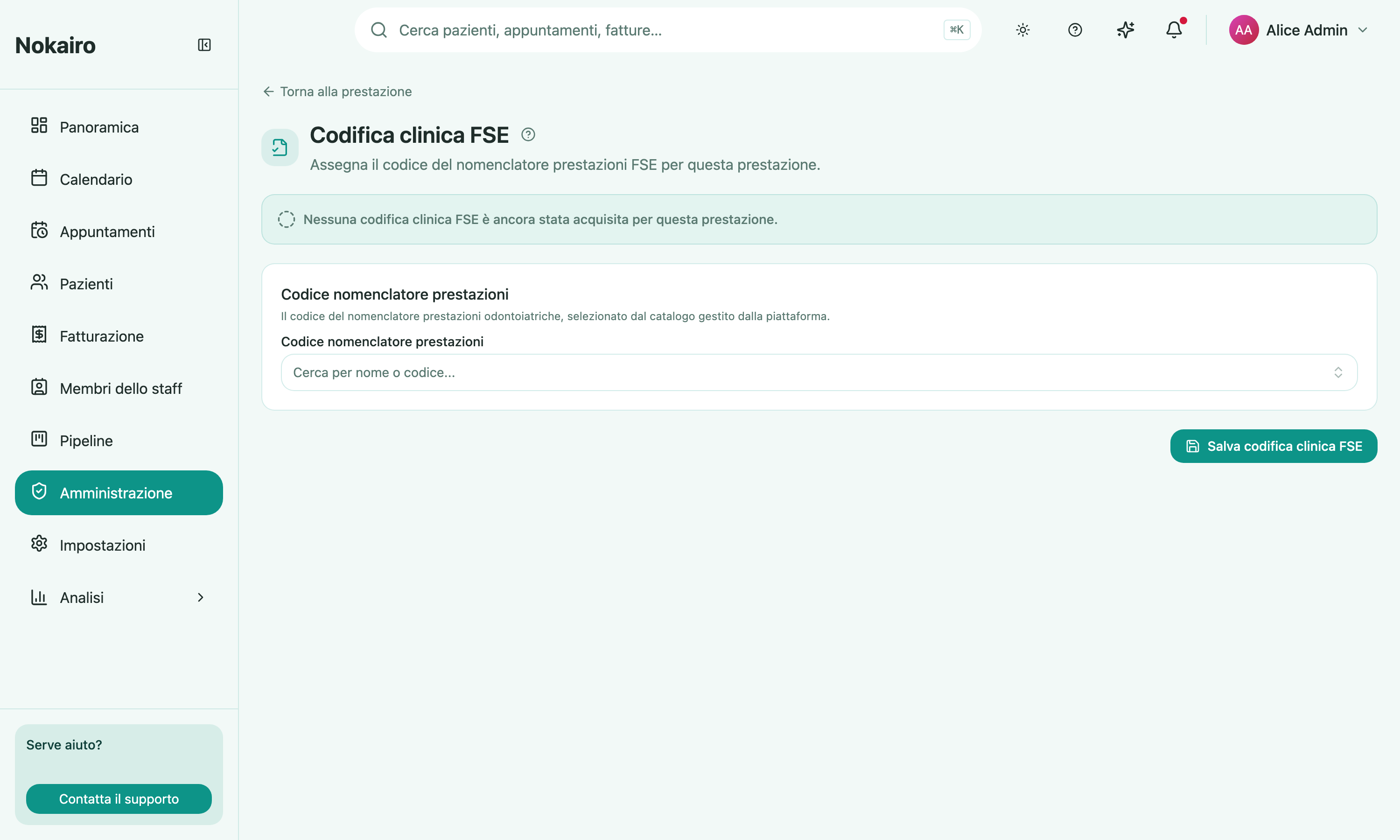 The FSE clinical coding page for a procedure that has not yet been coded, with the nomenclatore search field.