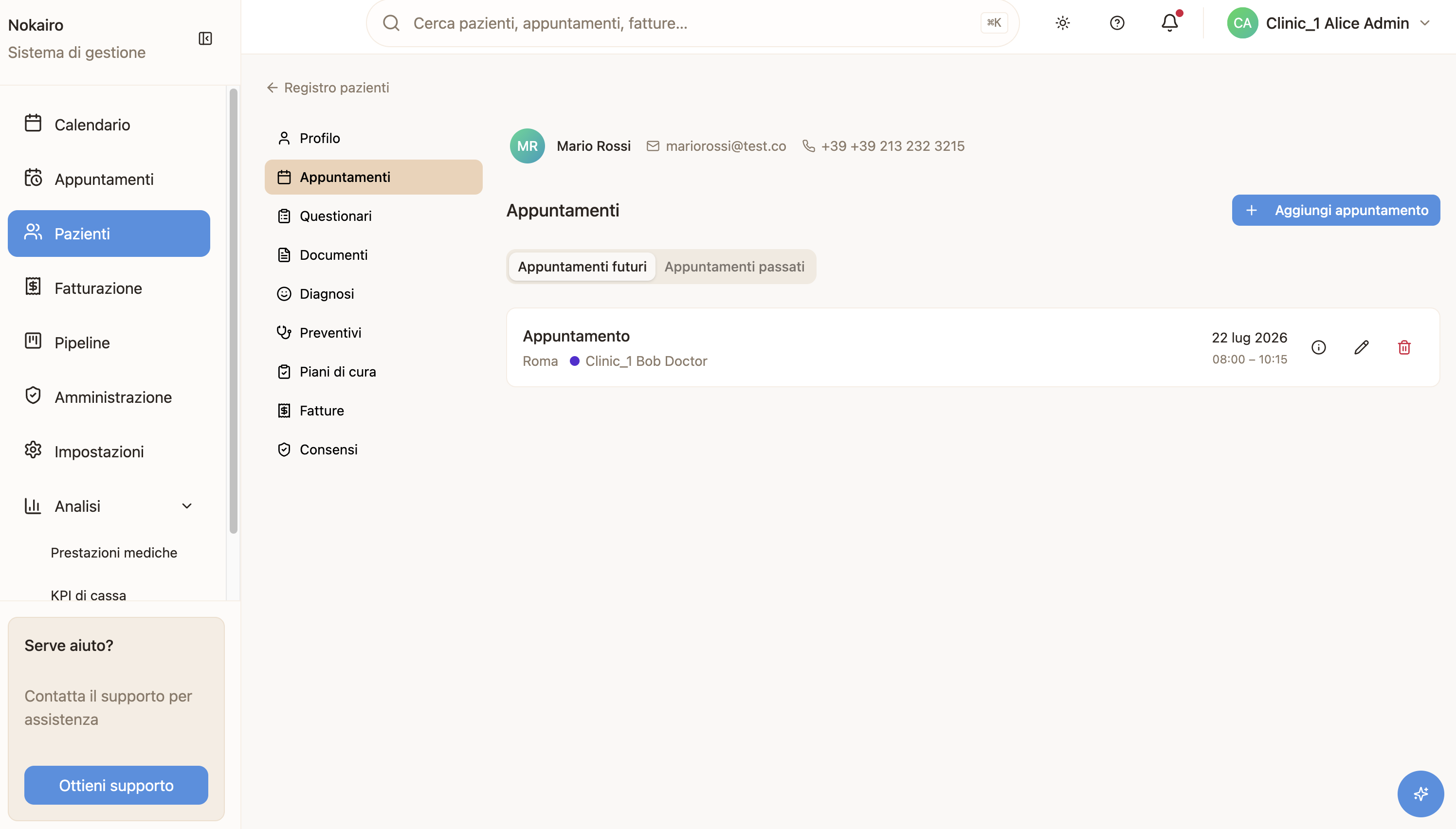 A single patient's appointments, split across the future and past tabs.
