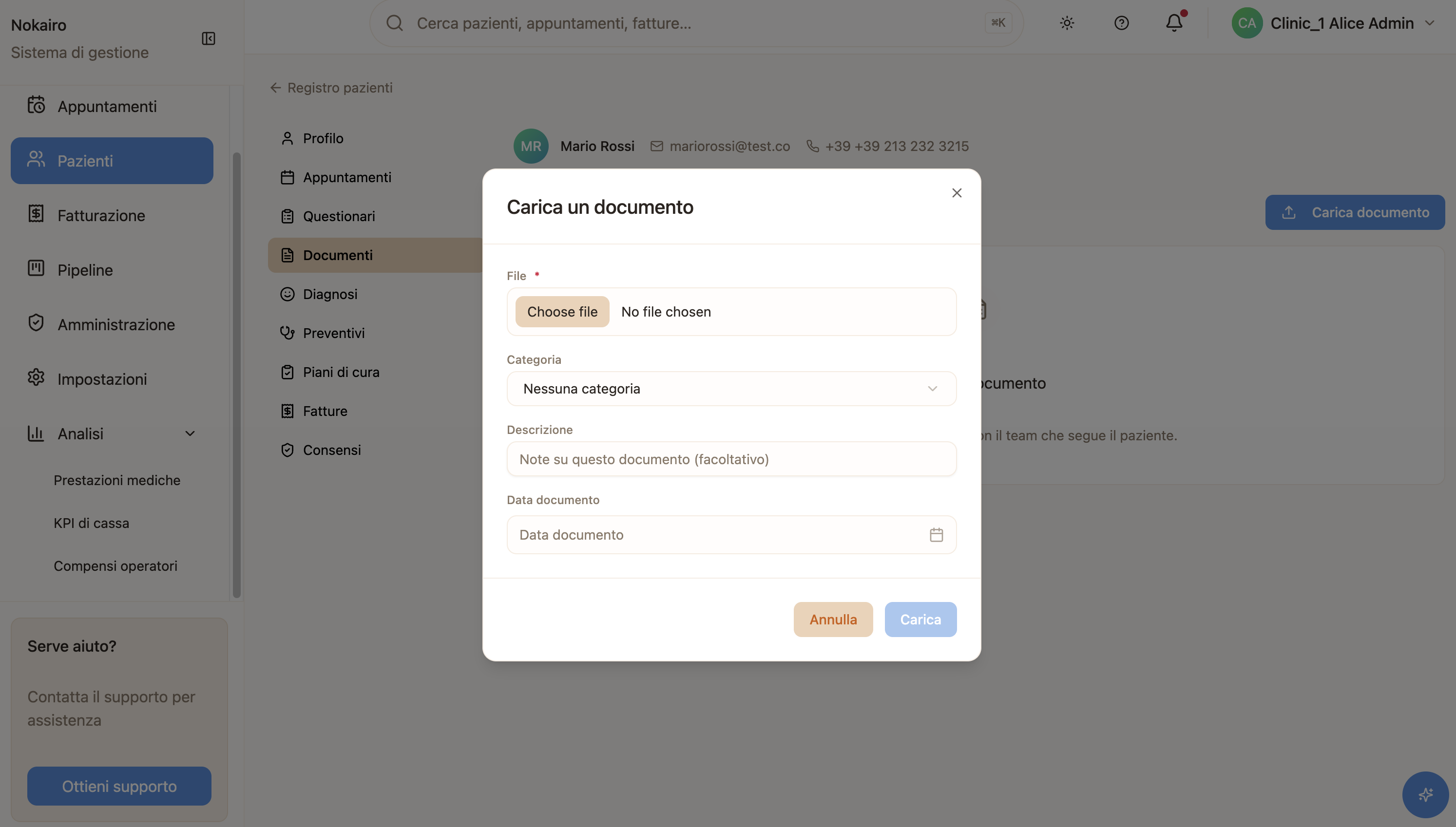 The upload dialog: choose a file and, optionally, a category, a description, and a document date.