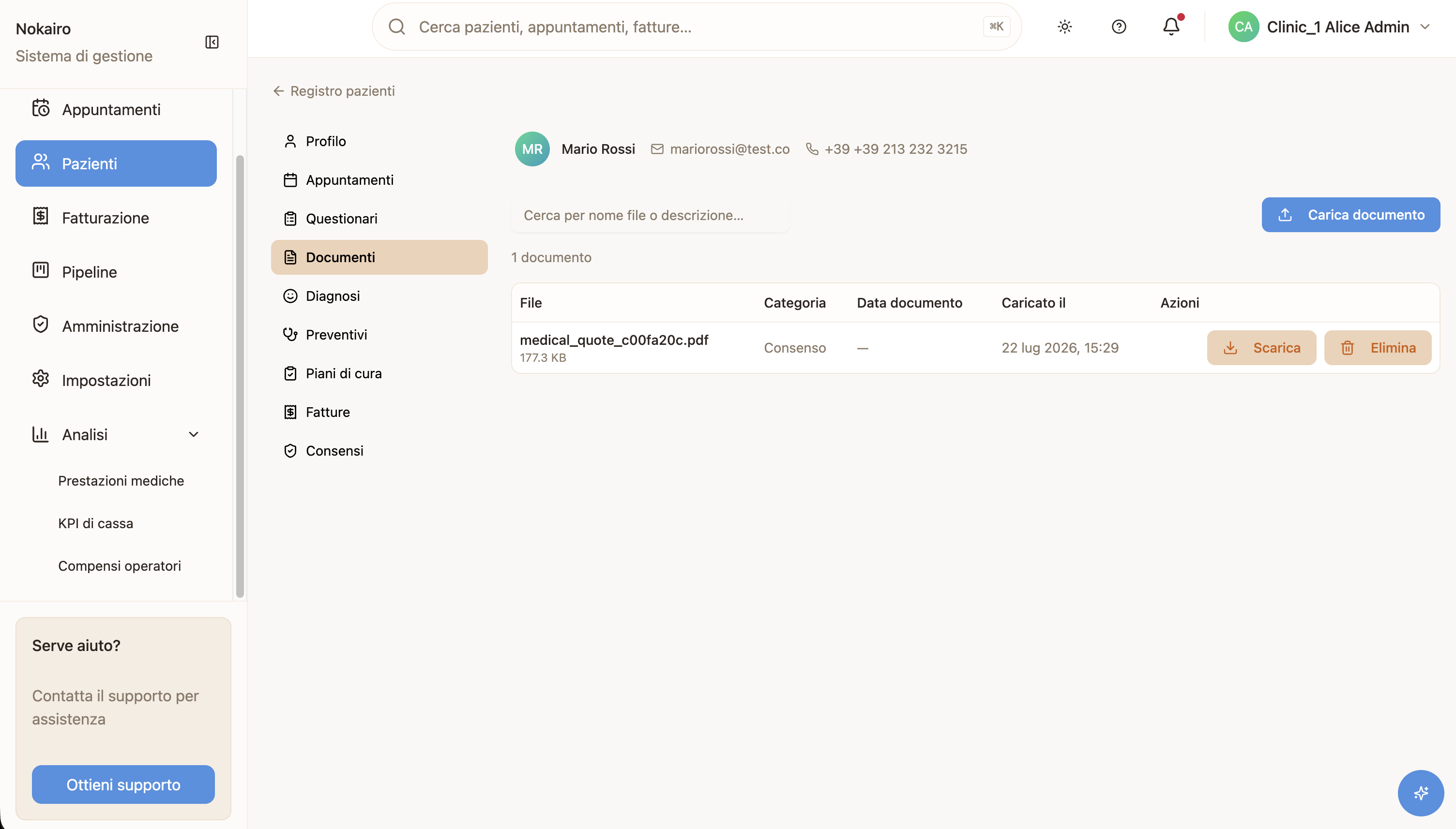 A document listed with its category and size, alongside the download and delete actions.