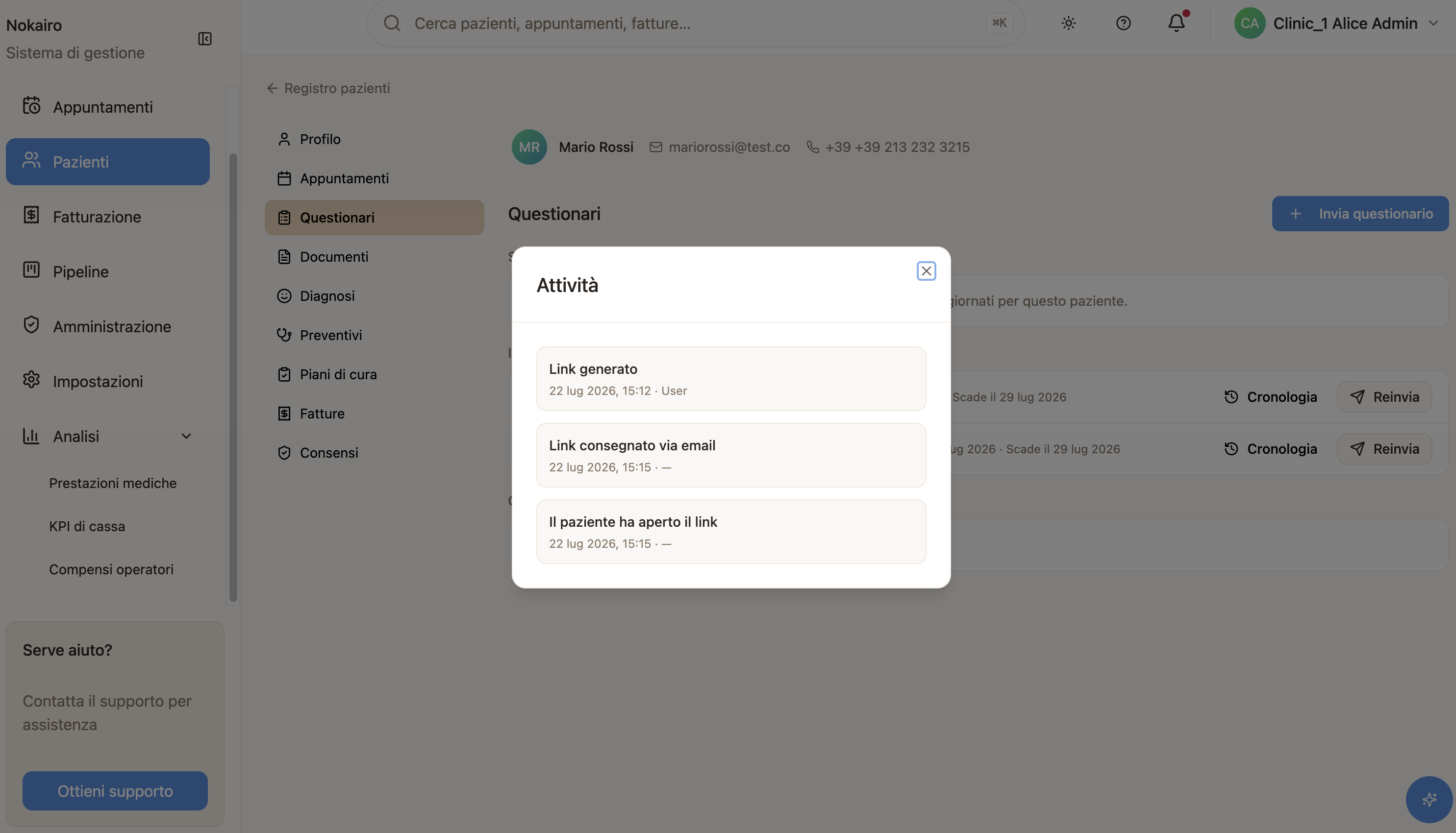 The activity trail for a sent link: generated, delivered by email, and opened by the patient.