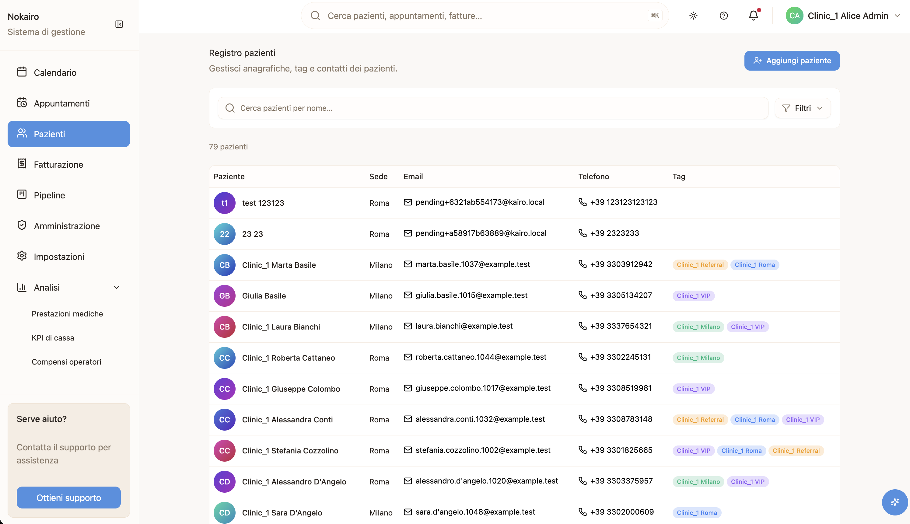 The patient register, listing each patient with their branches, contacts, and tags.