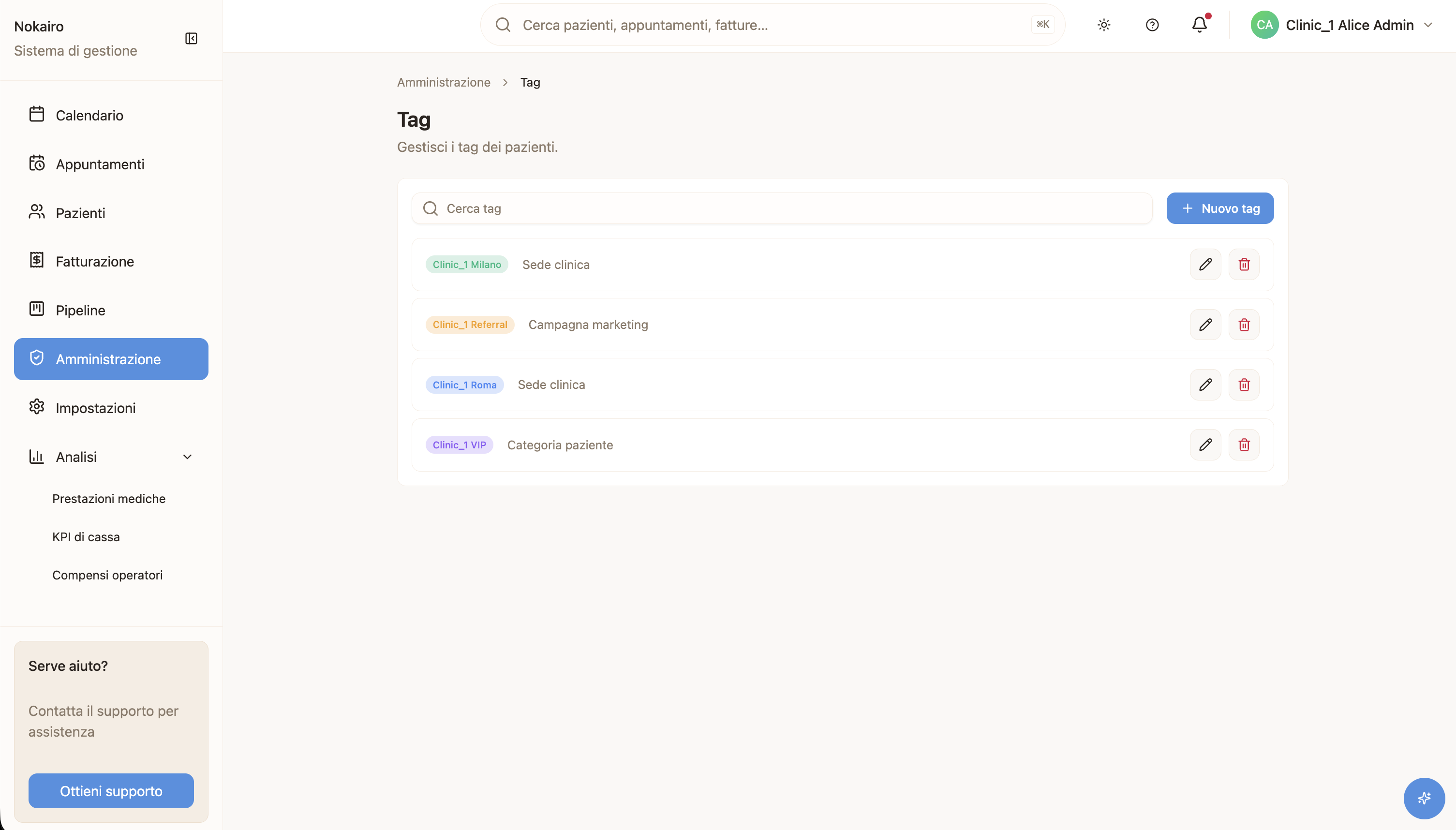 The tag administration page, where a clinic creates and edits the labels it filters patients by.