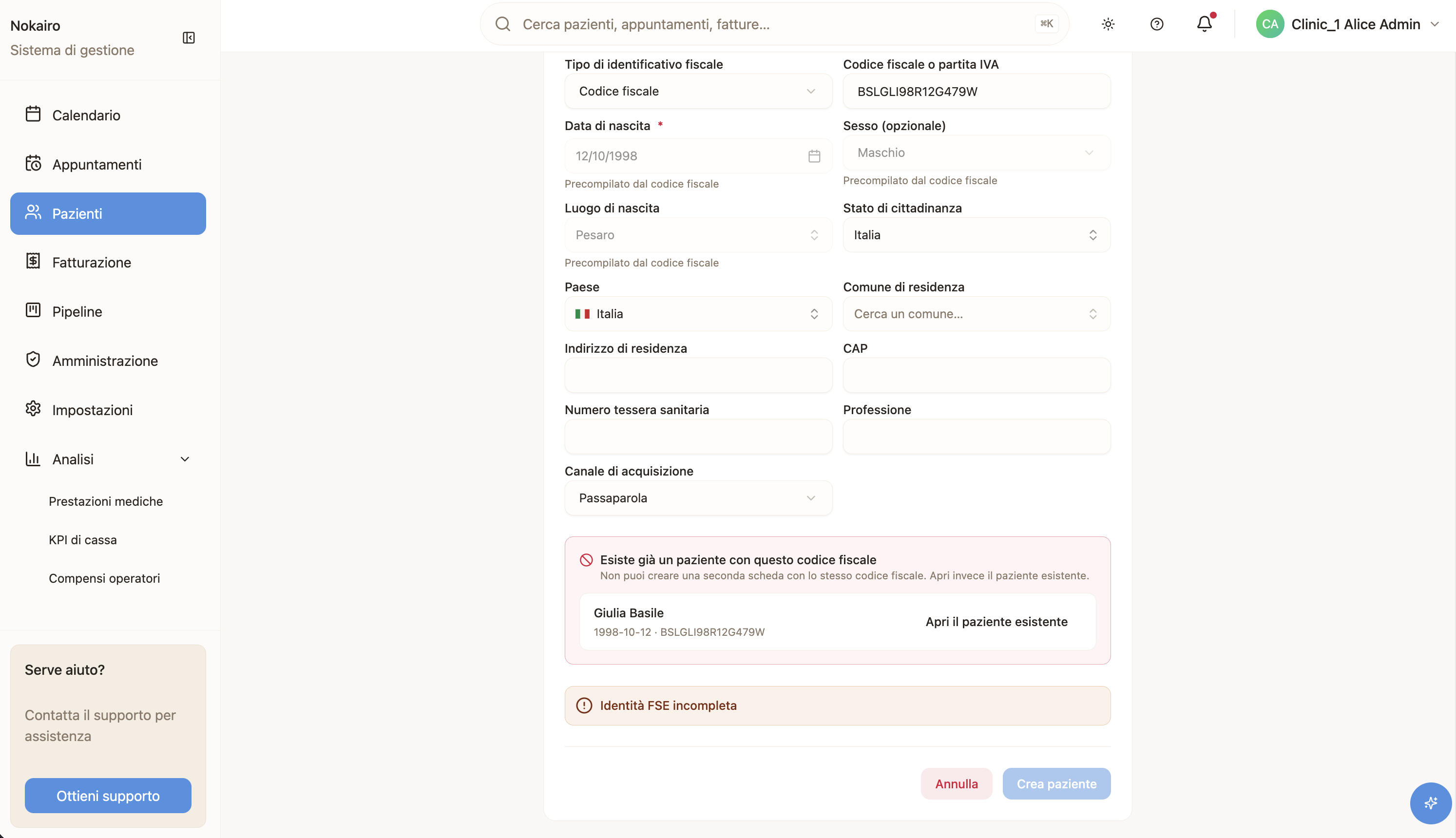 The add-patient form warning that a patient with the same codice fiscale already exists, offering to open it instead.