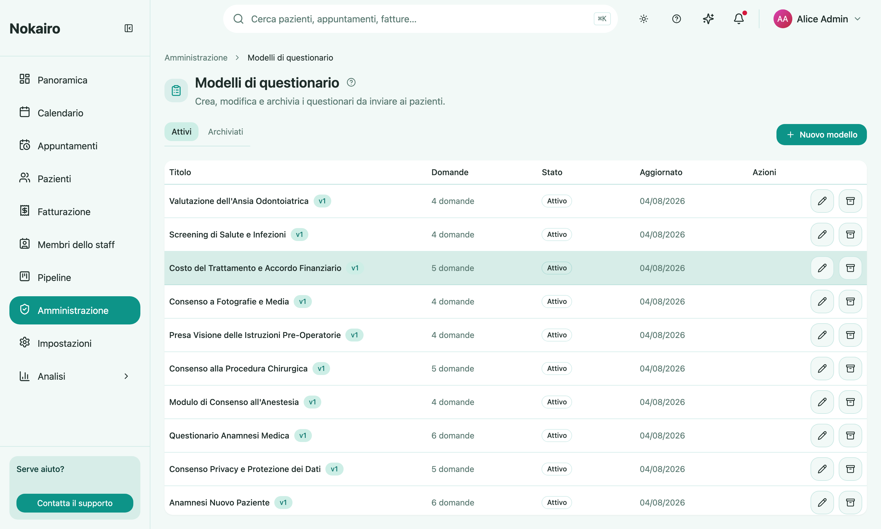 The list of active questionnaire templates, showing each one's title, question count, status, and last-updated date.
