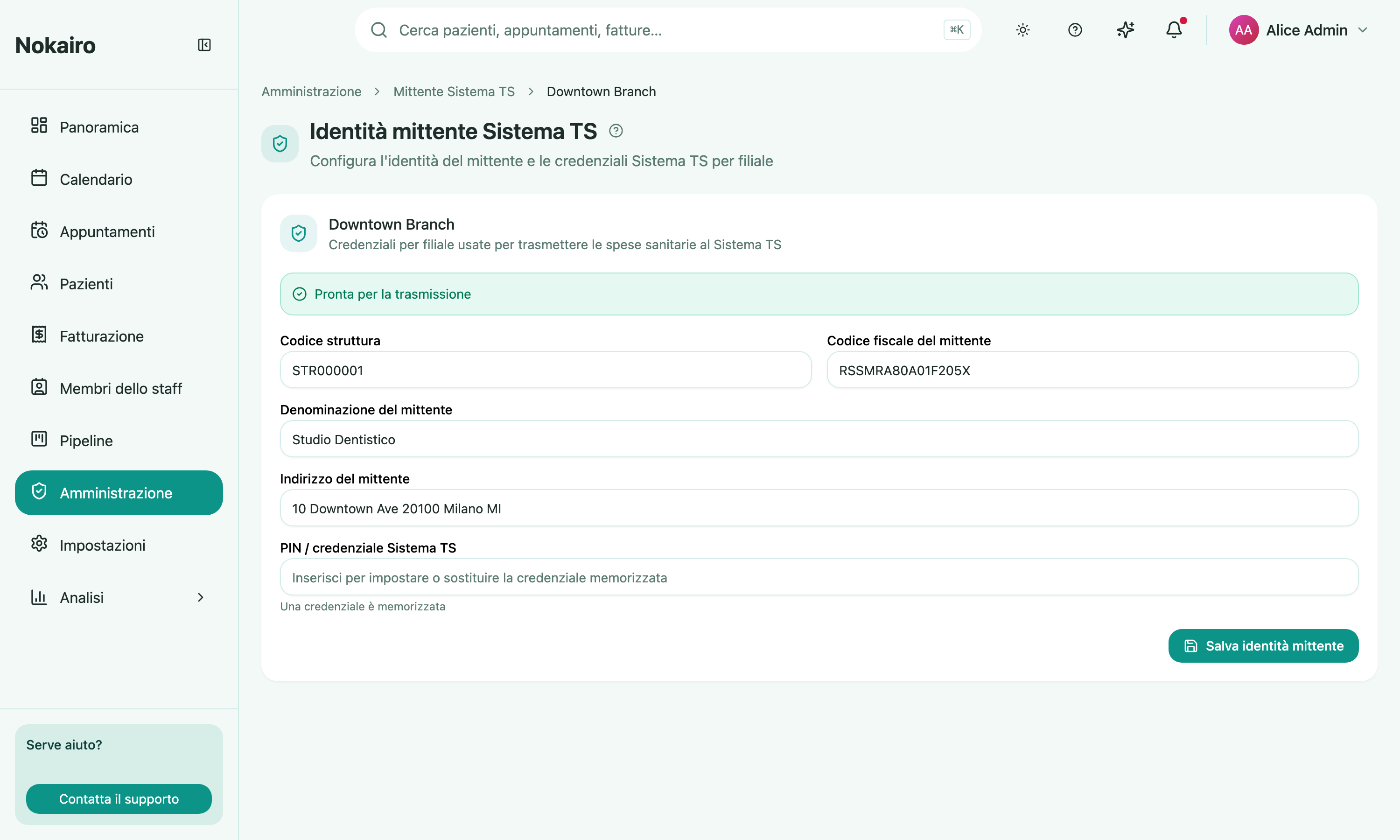 A branch's Sistema TS sender identity page, showing the "ready to transmit" banner alongside the sender type, region and ASL codes, structure code, fiscal code, VAT number, legal name, address, and credential fields.