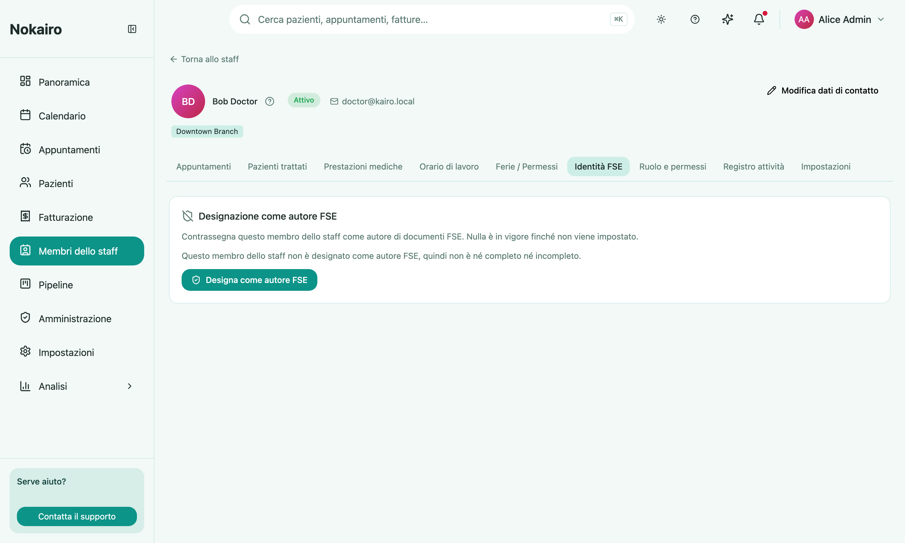 A staff member's FSE Identity tab, showing the completeness banner along with codice fiscale, demographics, and document name fields.