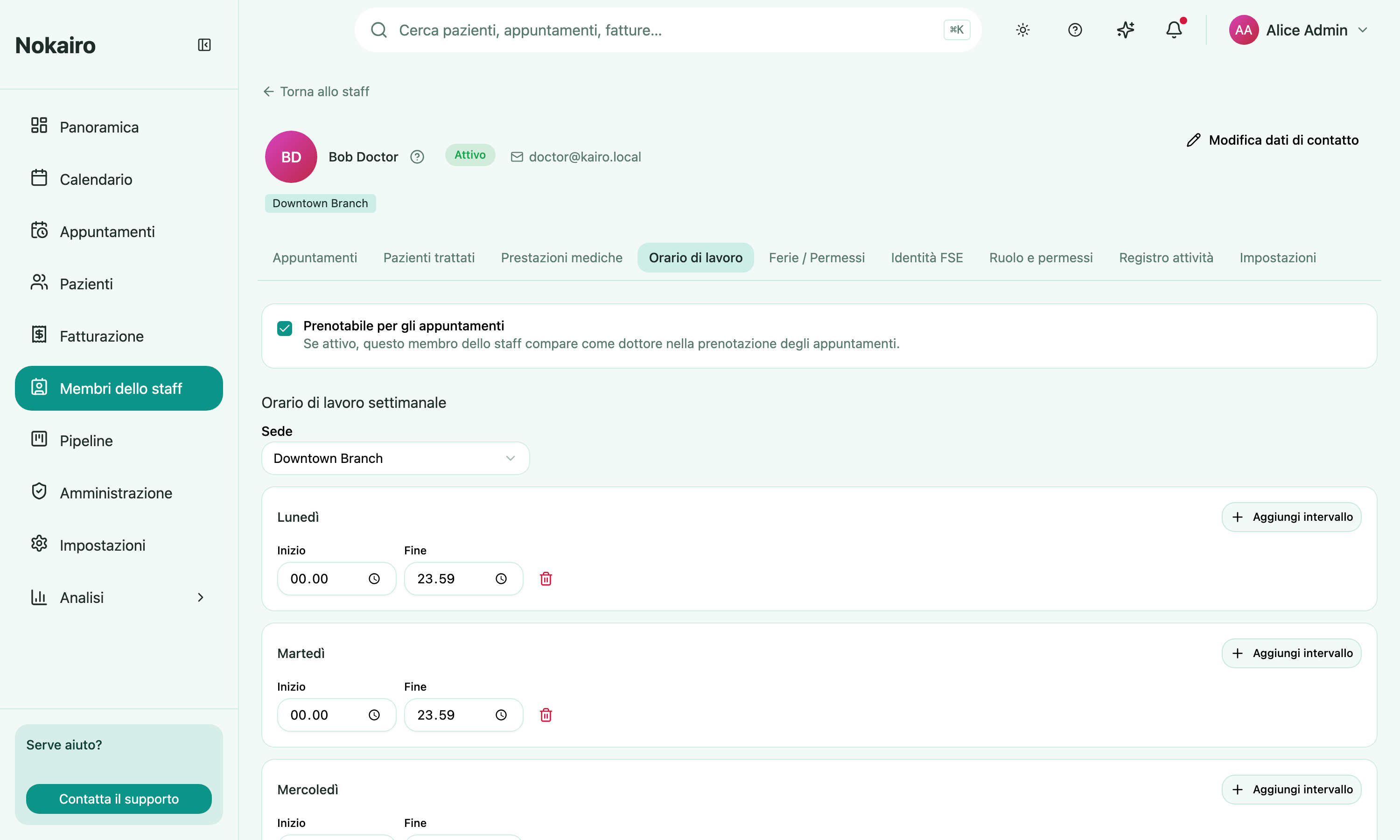 The Working Hours tab on a staff member's profile, showing the bookable toggle and weekly working intervals per weekday.