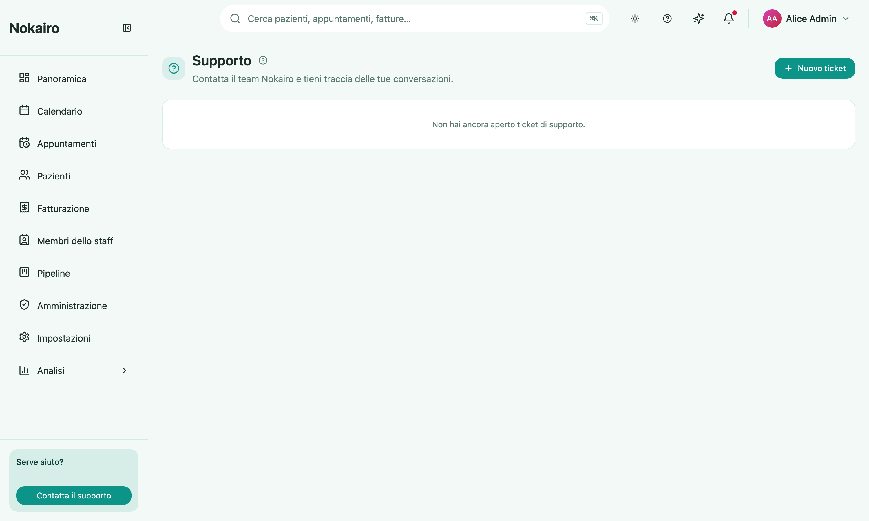 The support page with the New ticket button above the clinic's ticket list, currently showing no open tickets.