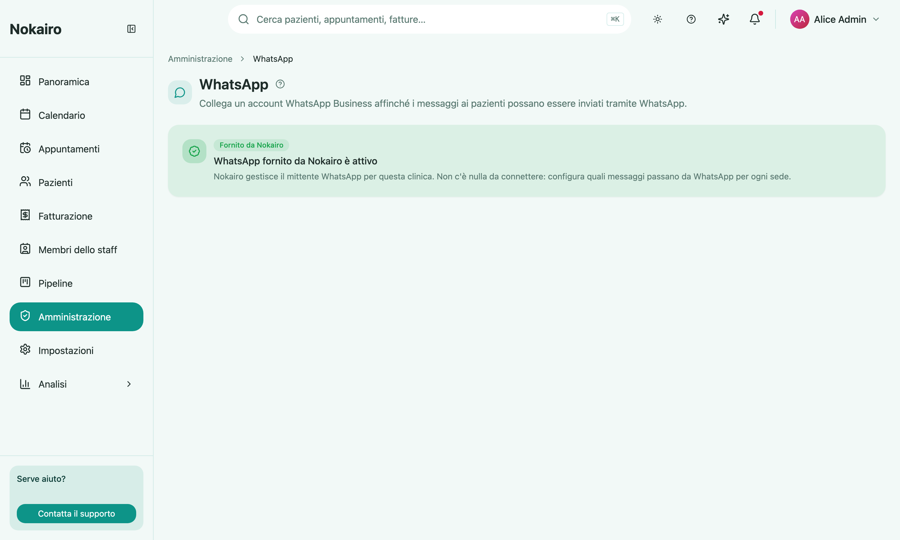 The WhatsApp connection page showing the clinic's connection state as Nokairo-provided and active.